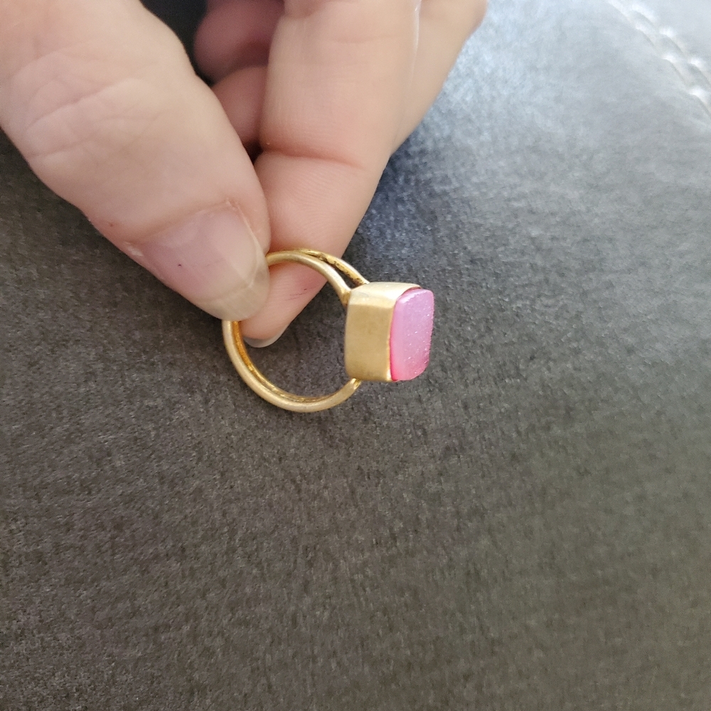 Pink Druzy Quartz Ring – Adjustable Brushed Gold-Toned Bezel Set Statement Ring - Picture 4 of 7